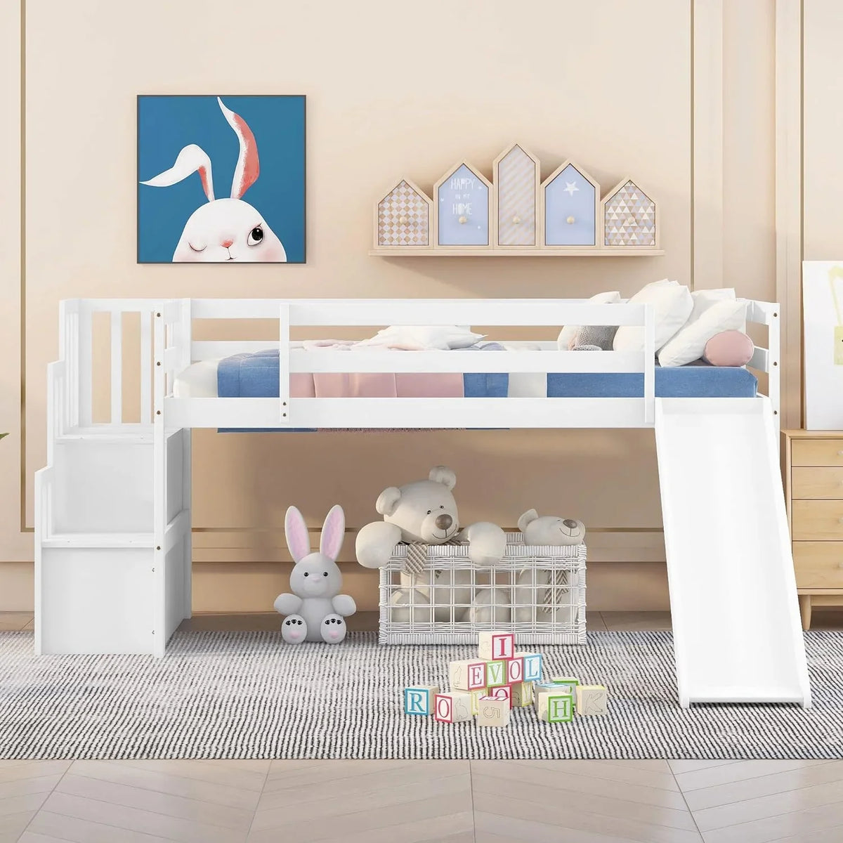 Needed Loft with Size (White) Teens Twin Loft Spring Frame and for Wood Low Bright with Toddlers Box Stairs Rail &amp; Harper Designs No Bed Bed Safety NLTBONNIE Slide