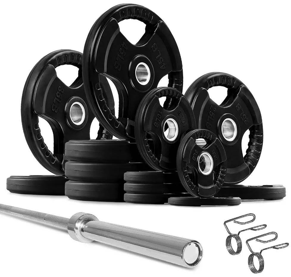 French ft Bar w/7 (New) Weight Set Grip Olympic 395 Rubber lbs Plate Fitness