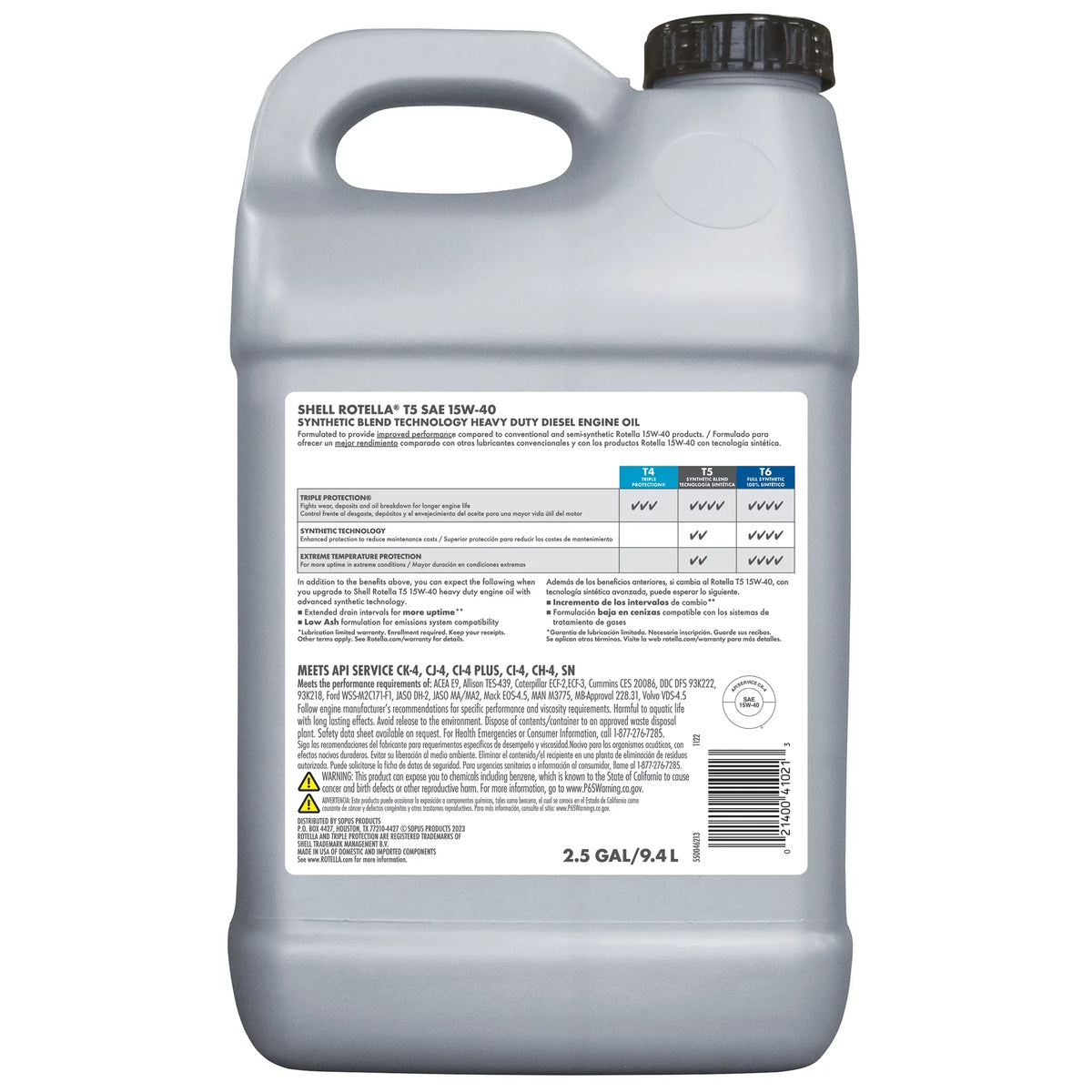 Engine Oil, Rotella Shell Diesel Blend Gallon 2.5 15W-40 Synthetic T5