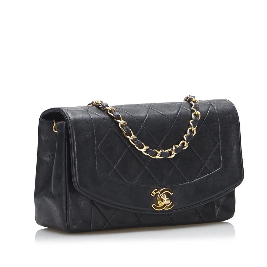 Leather Black Pre-Owned Crossbody Unisex Bag Flap Authenticated Small Lambskin (Good) Diana