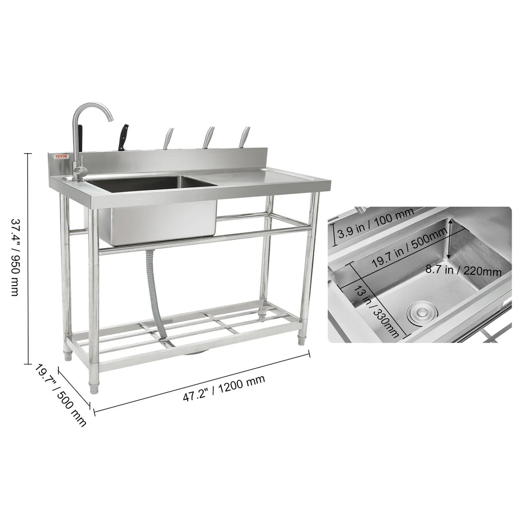 47.2x19.7x37.4 in Steel BENTISM w/Workbench Single Bowl Utility Sink Stainless