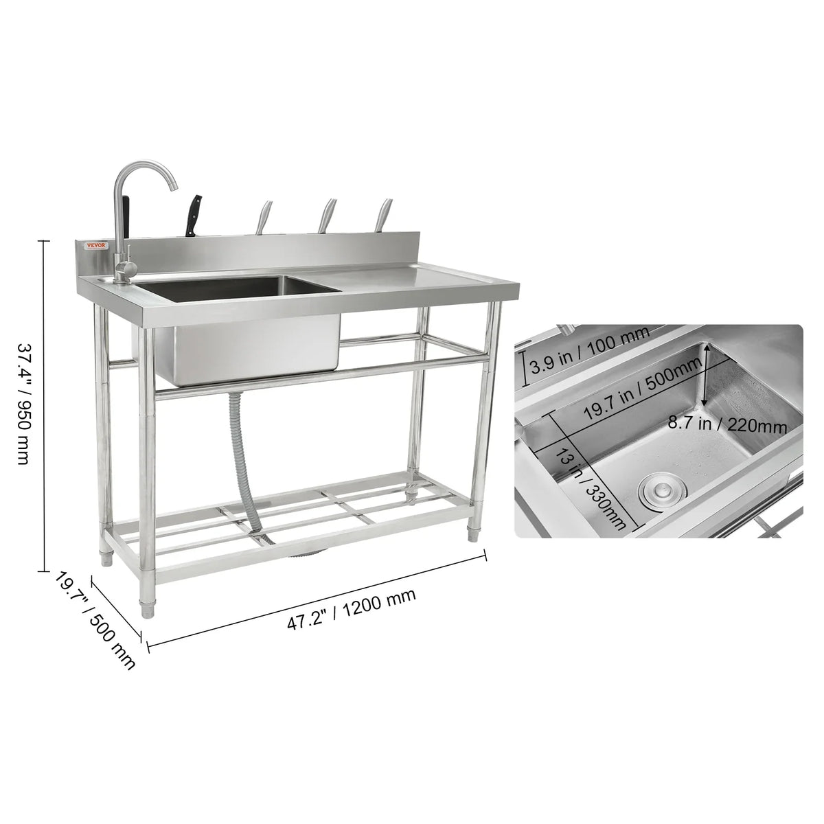 47.2x19.7x37.4 in Steel BENTISM w/Workbench Single Bowl Utility Sink Stainless