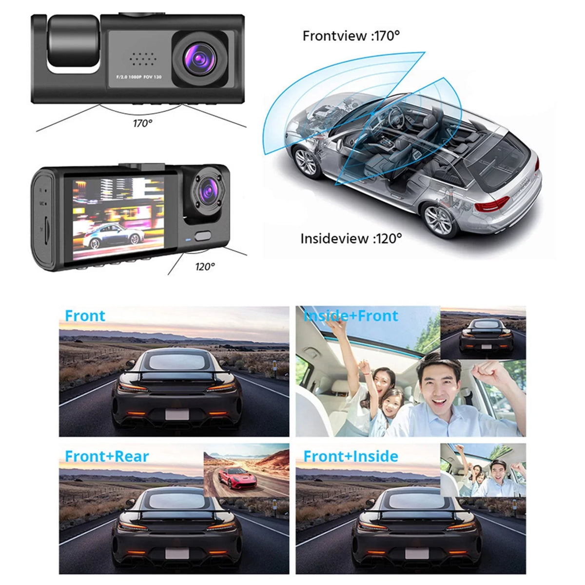 Cam Cameras Dash Inside Front Andoer Night Driving Recording Rear Safety Car Recorder Recorder Car Mirror Rearview 1080P+720P+480p and Auto Camera Vision Video Camcorder 3 Car