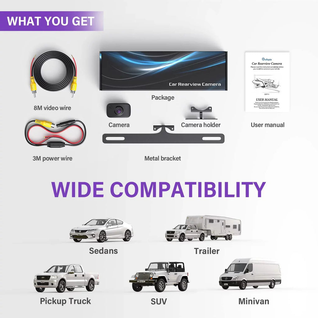 Camera ERT11 Backup Rear RV eRapta Camera Rear SUV Pickup Car Reverse Plate License Camera, HD for Front Truck View Van