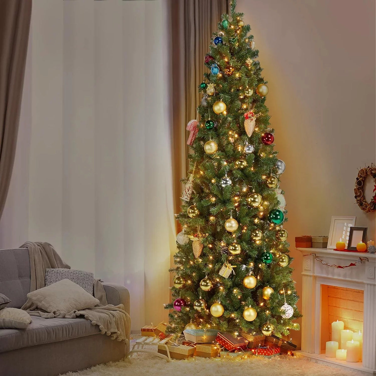 Foldable Includes Green Christmas Slim Holiday Tree Stand Fir Decoration 7.5Ft Artificial Pencil Tree, Tree Kingswood
