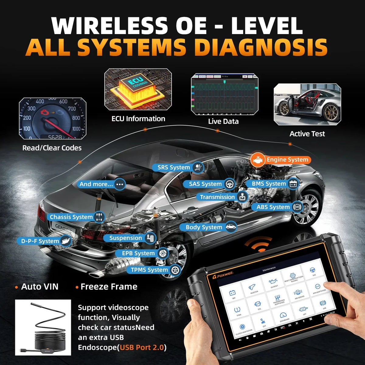 Tool Analyzer Systems Automotive OBD2 OBDII AutoAuth Scanner Active Services Code Scan NT909 FCA Scanner AutoVIN Diagnostic Reset Control Car Vehicle All Reader 30+ Foxwell Bi-directional Test
