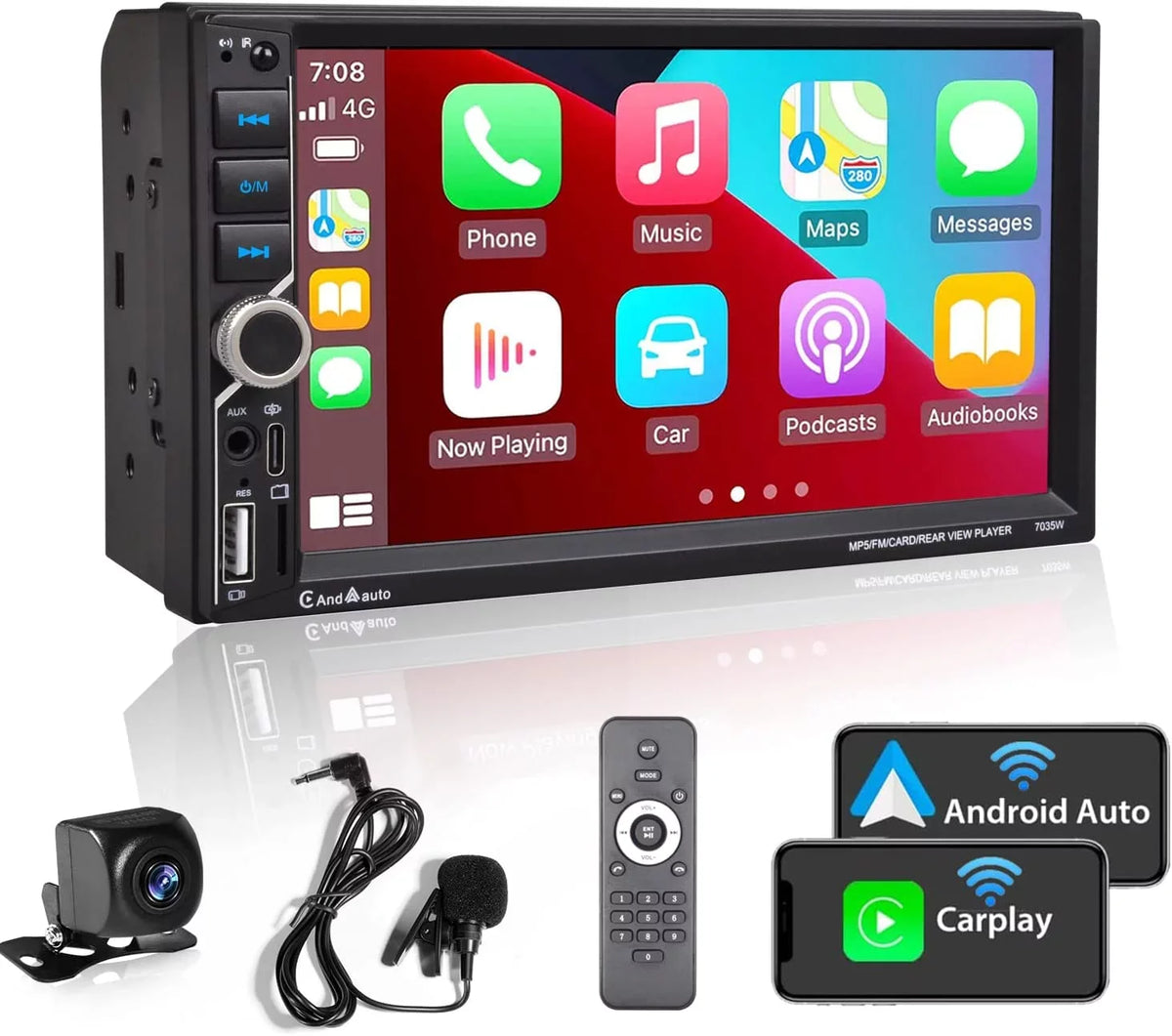 Radio Din SD Auto,Type-C FM Car Alondy Mic Voice Double AUX Link,Backup Audio Control,External Camera,Bluetooth USB,7" Touchscreen,Mirror Wireless Receiver Stereo,Compatible with CarPlay/Android DSP