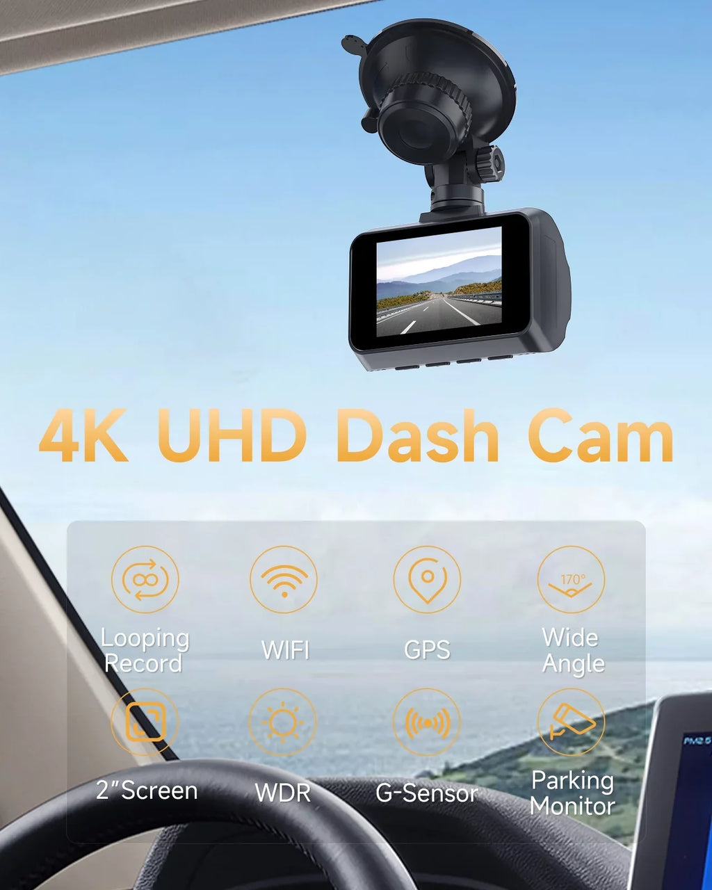 WDR, LCD G-Sensor,Black WiFi Night Mode, 2" Dashcam Dash 4K Screen, Dash with Car Wide Angle, and Rear, Vision,Parking Camera, Front 170° Cam GPS,4K+1080P