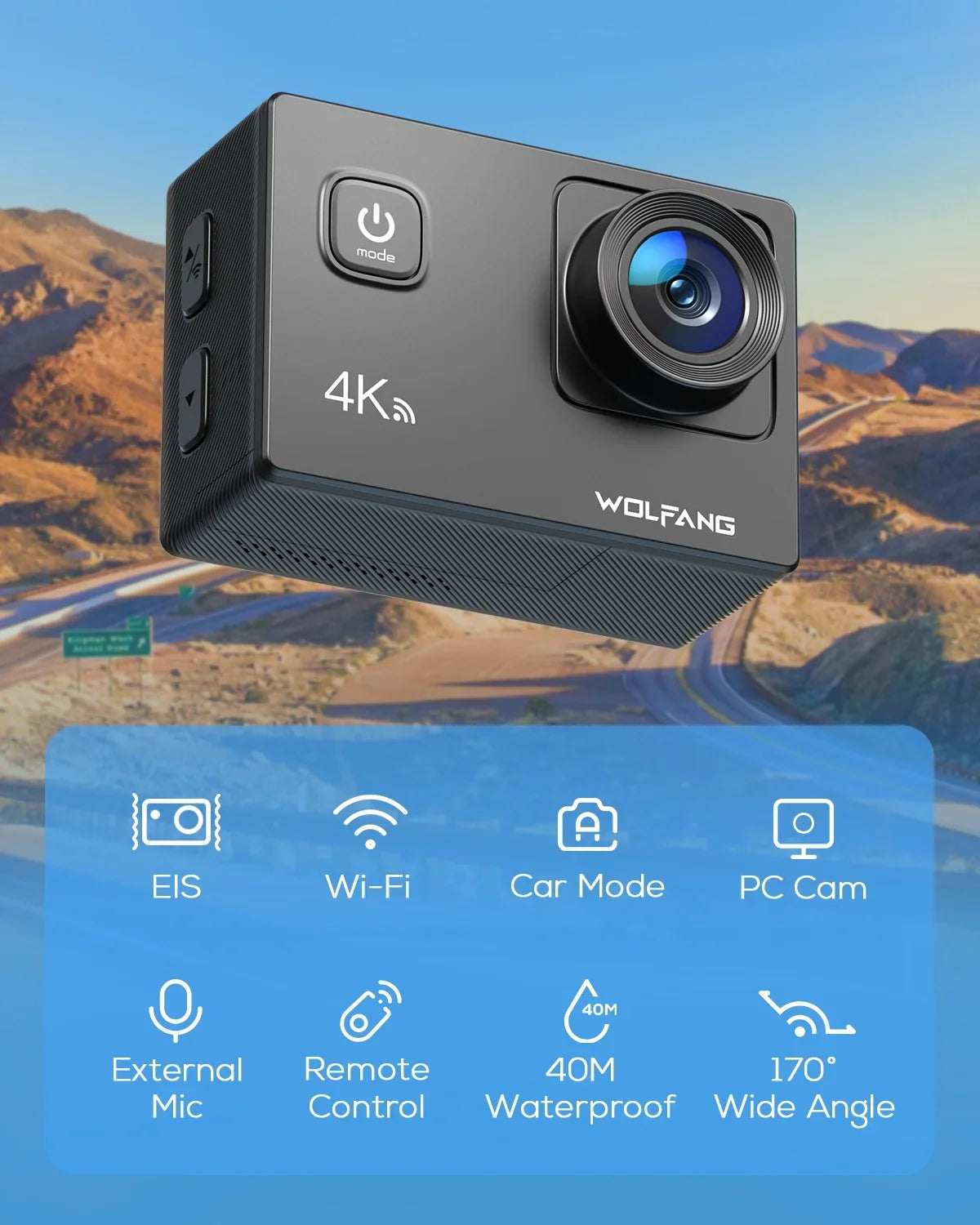 Waterproof EIS Action Camera WOLFANG Action Underwater Video WiFi 20MP Camera 4K 170� 40M Stabilization Camera Cam