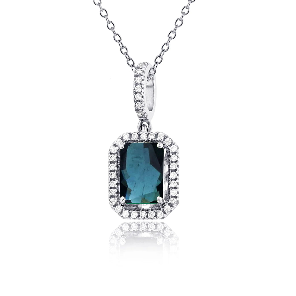 Silver CTTW Rhodium Sapphire Cr EC & 18"Necklace Halo Blue 7x5mm Cush 0.10 Sterling Diamonds Rnd