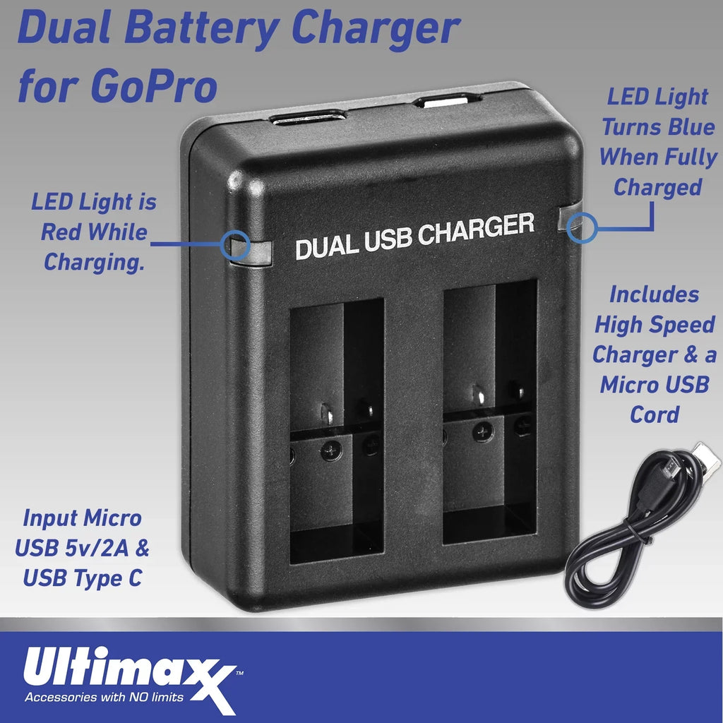 Action Much USB 10) Includes: Black Batteries, 2x Case & Replacement GoPro - Dual HERO10 More Bundle Camera Water-Resistant (Hero Ultimaxx Charger, Essential