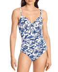 Ruched Swimsuit, 6 Underwire Ralph Floral Toile Lauren US WHITE/BLUE One-Piece