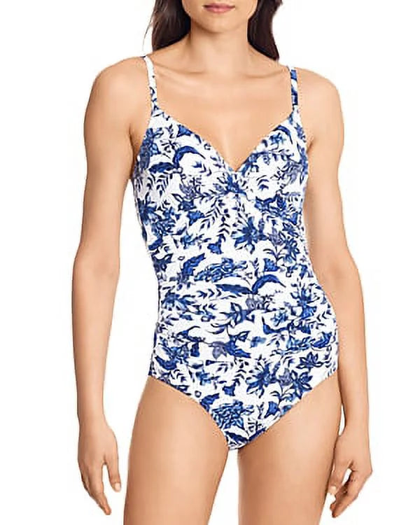 Ruched Swimsuit, 6 Underwire Ralph Floral Toile Lauren US WHITE/BLUE One-Piece