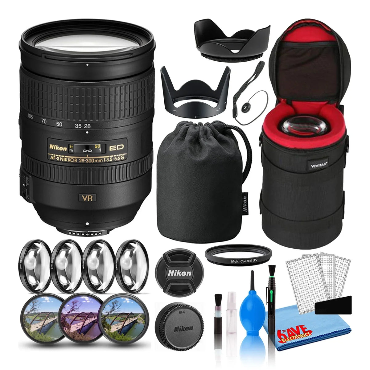 Padded + NIKKOR (2191) + Macro Lens Filter Nikon FL Kit Cleaning Lens f/3.5-5.6G ED CPL, VR Case AF-S Lens 28-300mm UV, + Intl with Cap + Filters Keeper + Kit Tulip Hood Lens