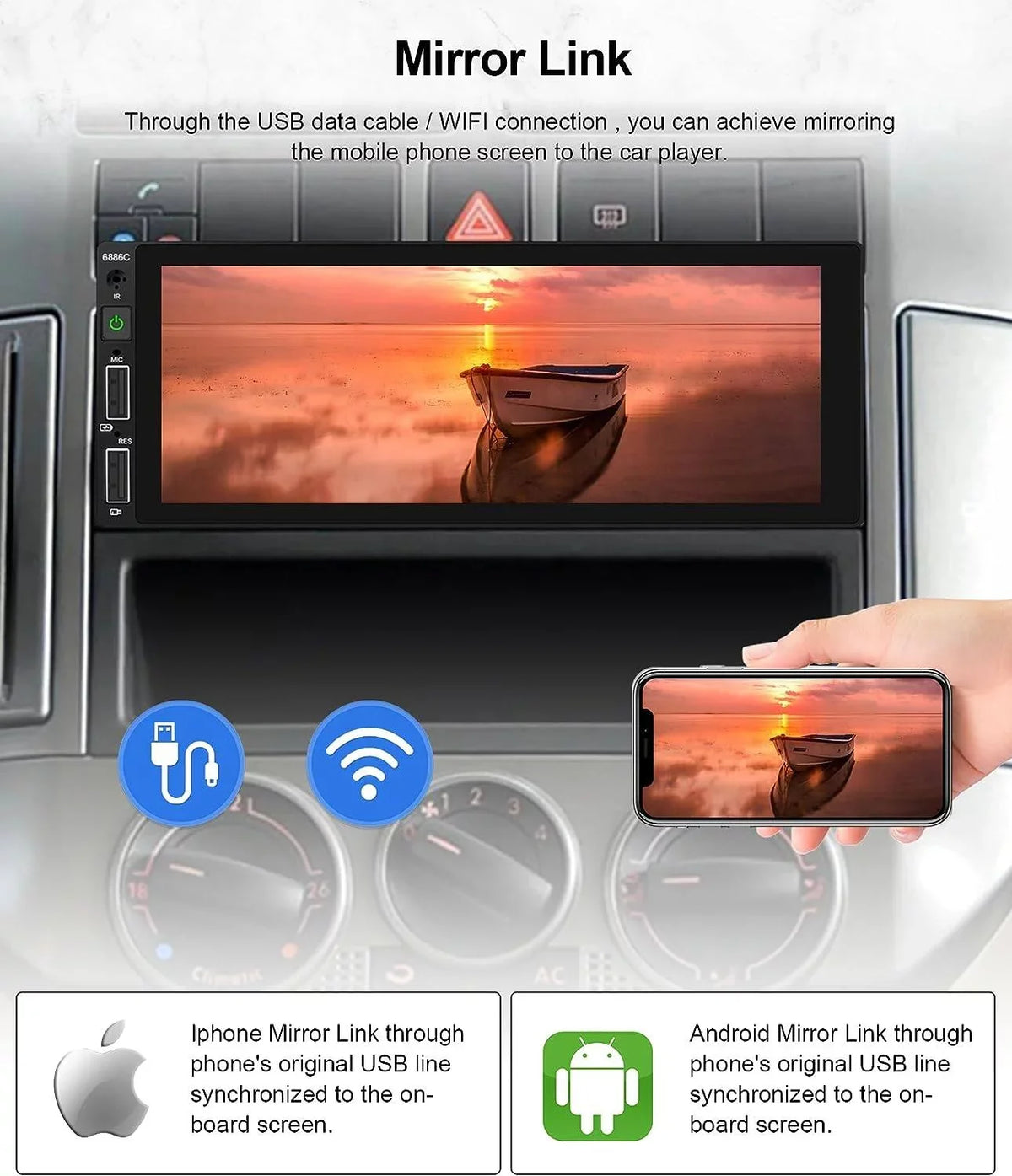 Podofo Mirror Player Car Radio Android HD Carplay USB,with Mic&Backup Link Camera Single Wireless Multimedia Bluetooth 6.86'' Touchscreen Car Audio Din Stereo 1 FM MP5 Auto Receiver
