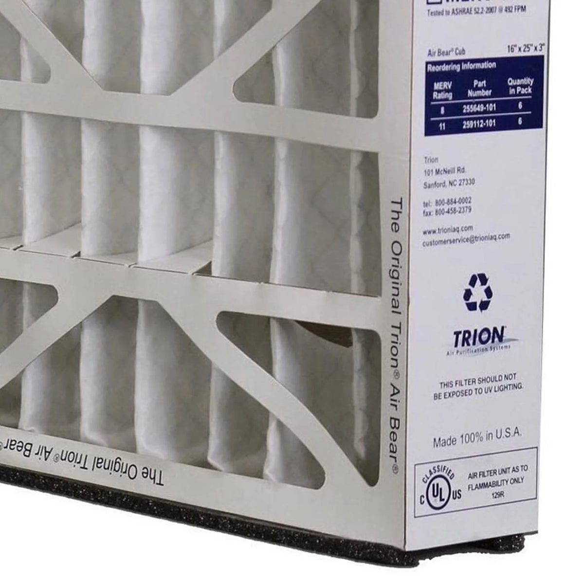 Purifier (6 Air Bear Pack) 255649-101 Air 8 MERV Inch Filter Trion 16x25x3