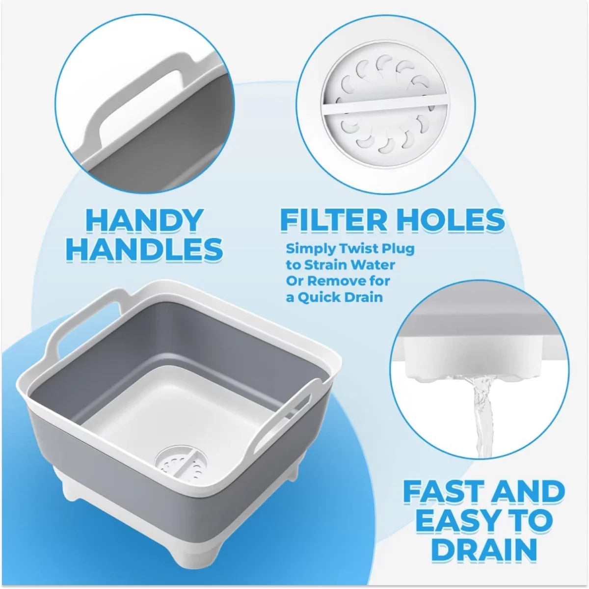 Laundry Plug(Gray) Tub Tub,Washing Collapsible Basin Draining Portable 2.4 with Gal(9L) Sink,Folding Imoment Dish