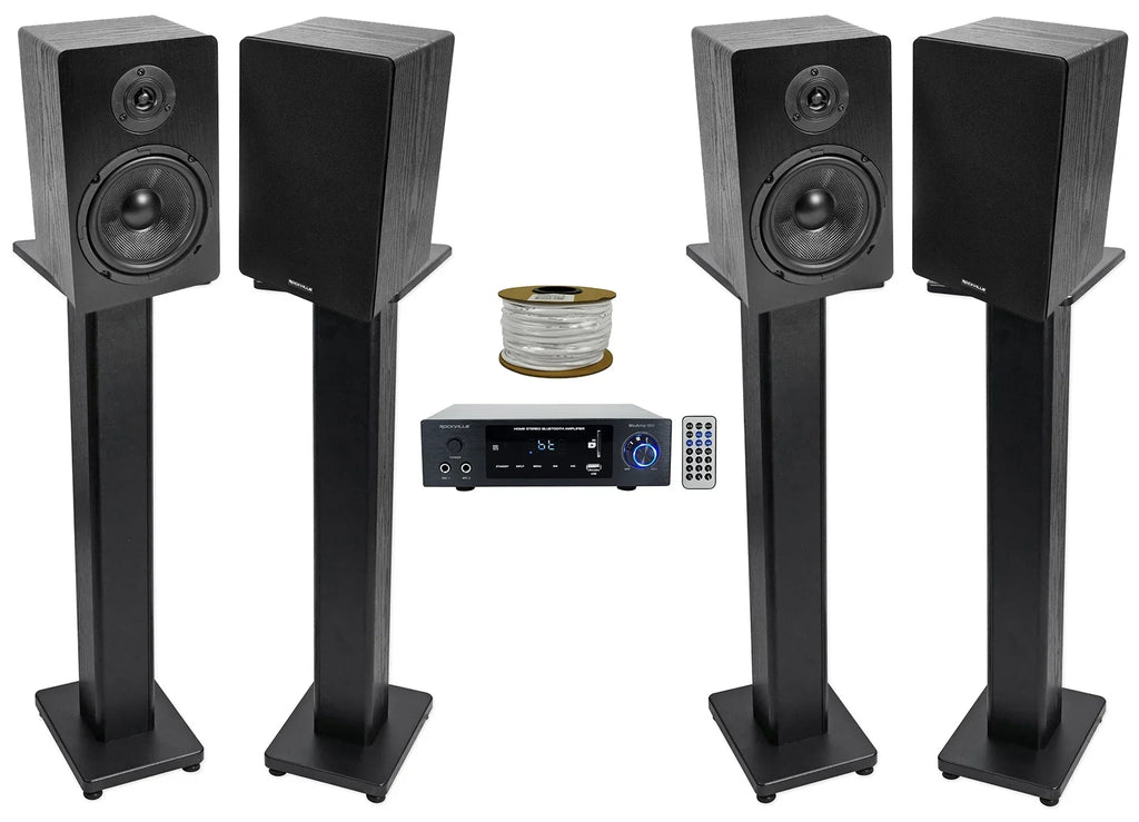Amplifier BLUAMP Bookshelf 6.5" w/ Bluetooth+(4) 150 Speakers+Stands Rockville