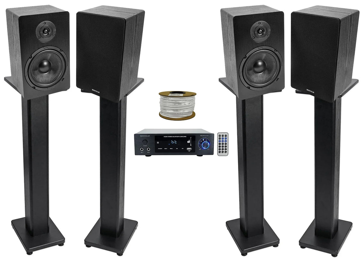 Amplifier BLUAMP Bookshelf 6.5" w/ Bluetooth+(4) 150 Speakers+Stands Rockville
