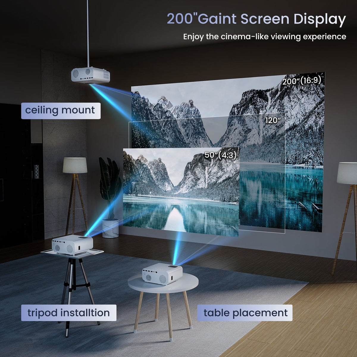 Movie Projector Video with Mini Support Wifi Projector Projector 5G/2.4G , Theater For 4K Home 12000LM Outdoor Portable Bluetooth, 1080P Projector and AUOSHI ,