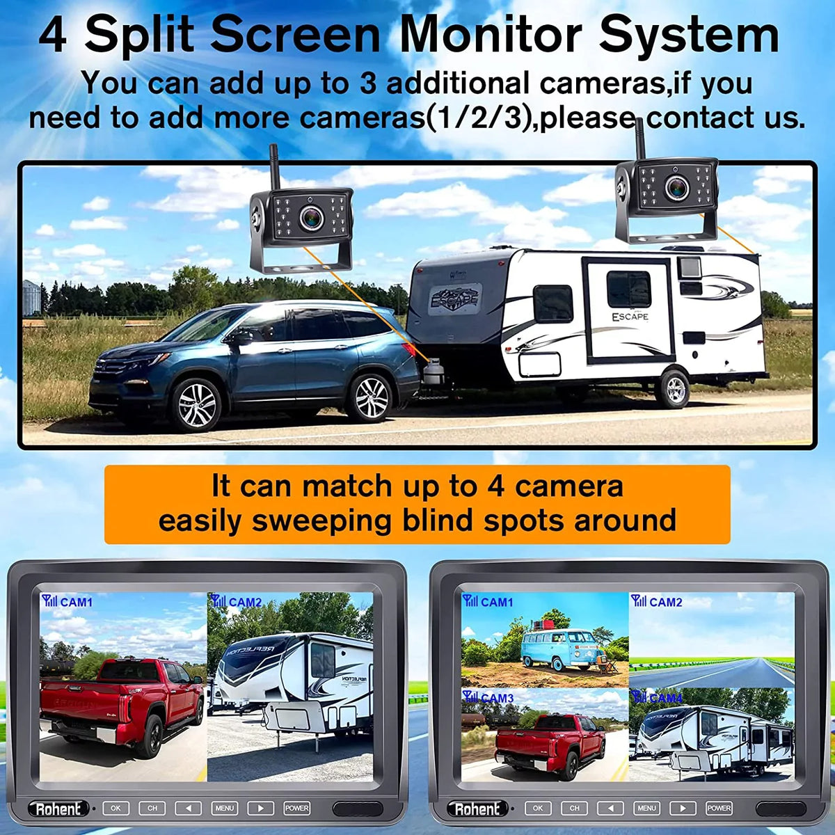 Upgraded Monitor Use Camper Driving/Reverse Wheel Observation Waterproof Truck 7" IP69K Trailers High-Speed System with Wireless Split for Night RV Recorder Digital 5th Screen Backup Camera