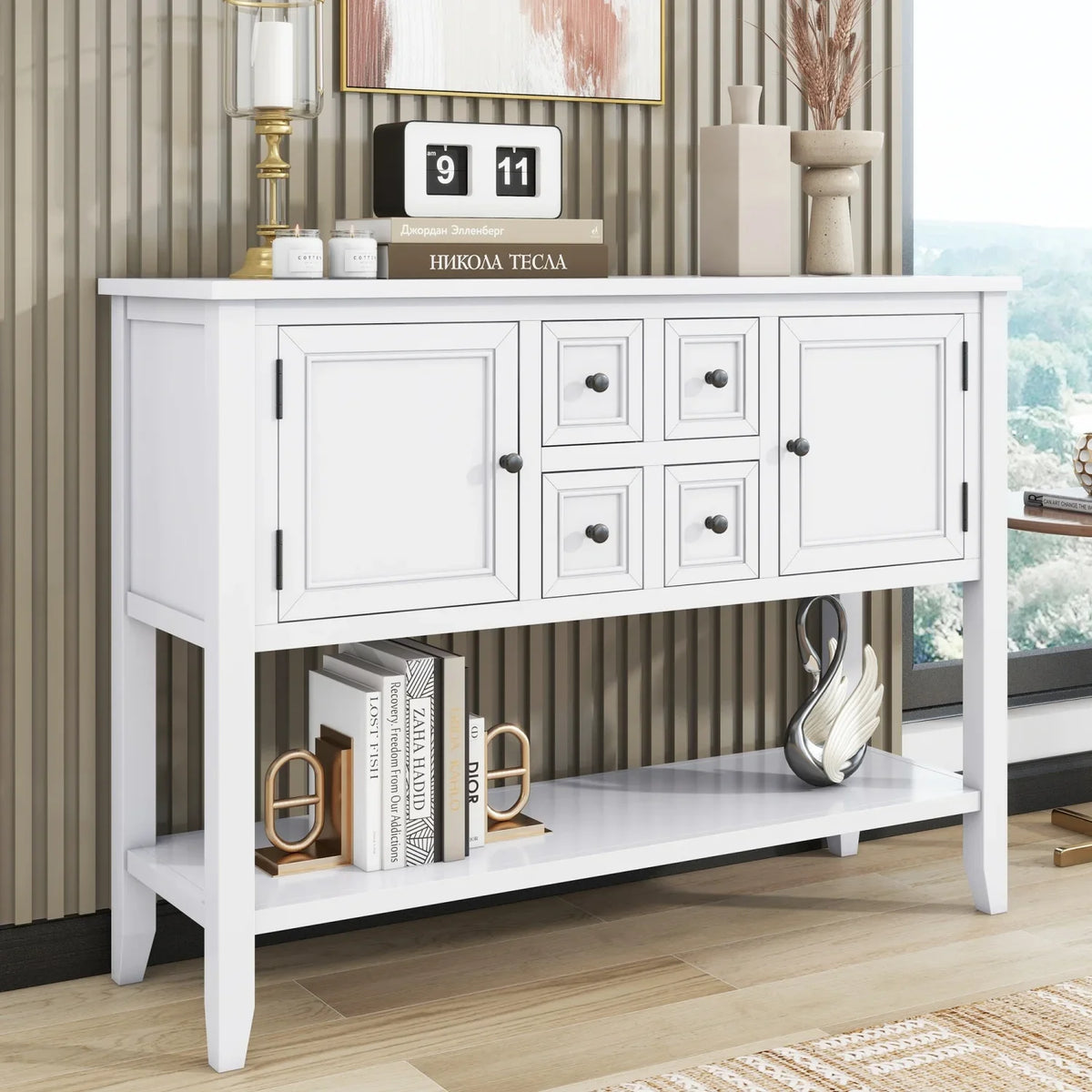 Navy Table WF190263AAH) Small Ample Kitchens TREXM Console Cambridge Storage SKU Drawers Bottom Four for Vintage and (Light with Entrances and Rooms Living Series Shelf OLD