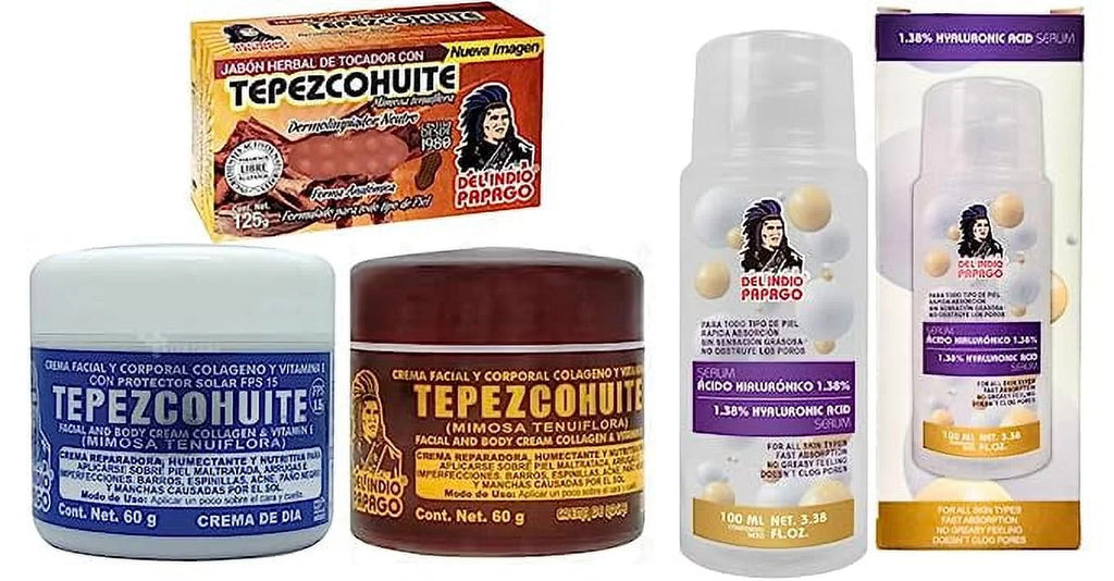 (2oz Acid Serum Del & Oz) Tepezcohuite (125g) Hyaluronic creams Papago + Fl (3.38 + Night Soap Tepezcohuite each) Indio Day