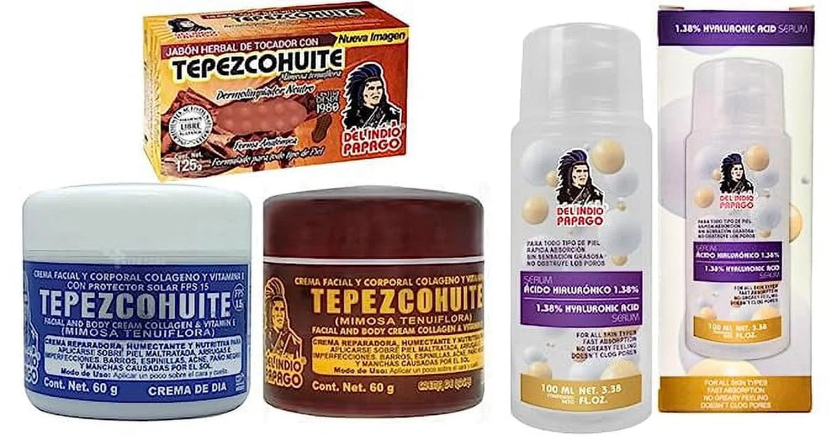 (2oz Acid Serum Del & Oz) Tepezcohuite (125g) Hyaluronic creams Papago + Fl (3.38 + Night Soap Tepezcohuite each) Indio Day