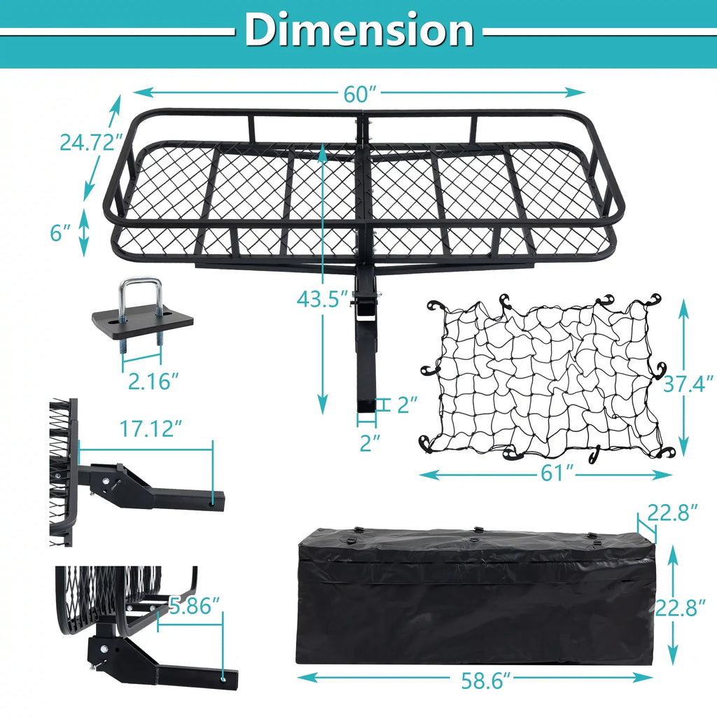 Net, Black SUV with 60" Hitched Car Trailer, Cargo Mounted x Folding 24" 500lb for Truck 6" Cargo x Capacity Basket