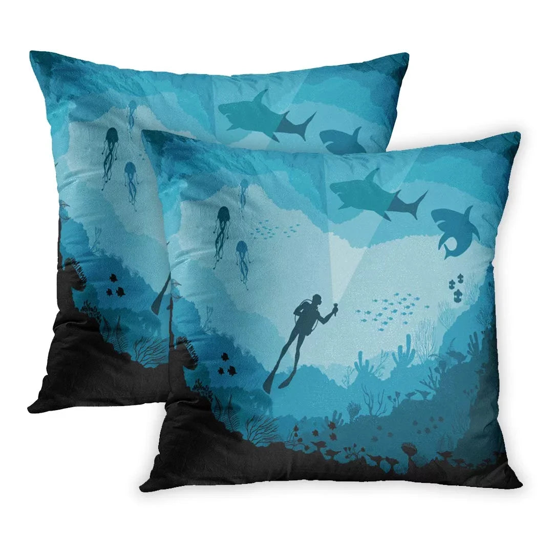Wildlife Under Cover and Big ECCOT inch Blue Pillow Divers Sharks of Adventure Set PillowCase Aquatic Reef 2 Underwater 16x16 Sea