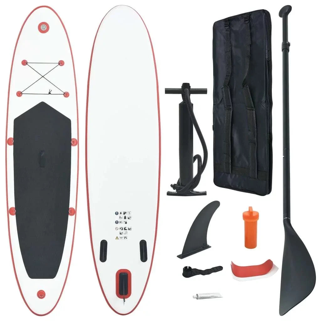 An Board Inflatable in Up Paddle Red White Set Stand and Striking Surfboard -