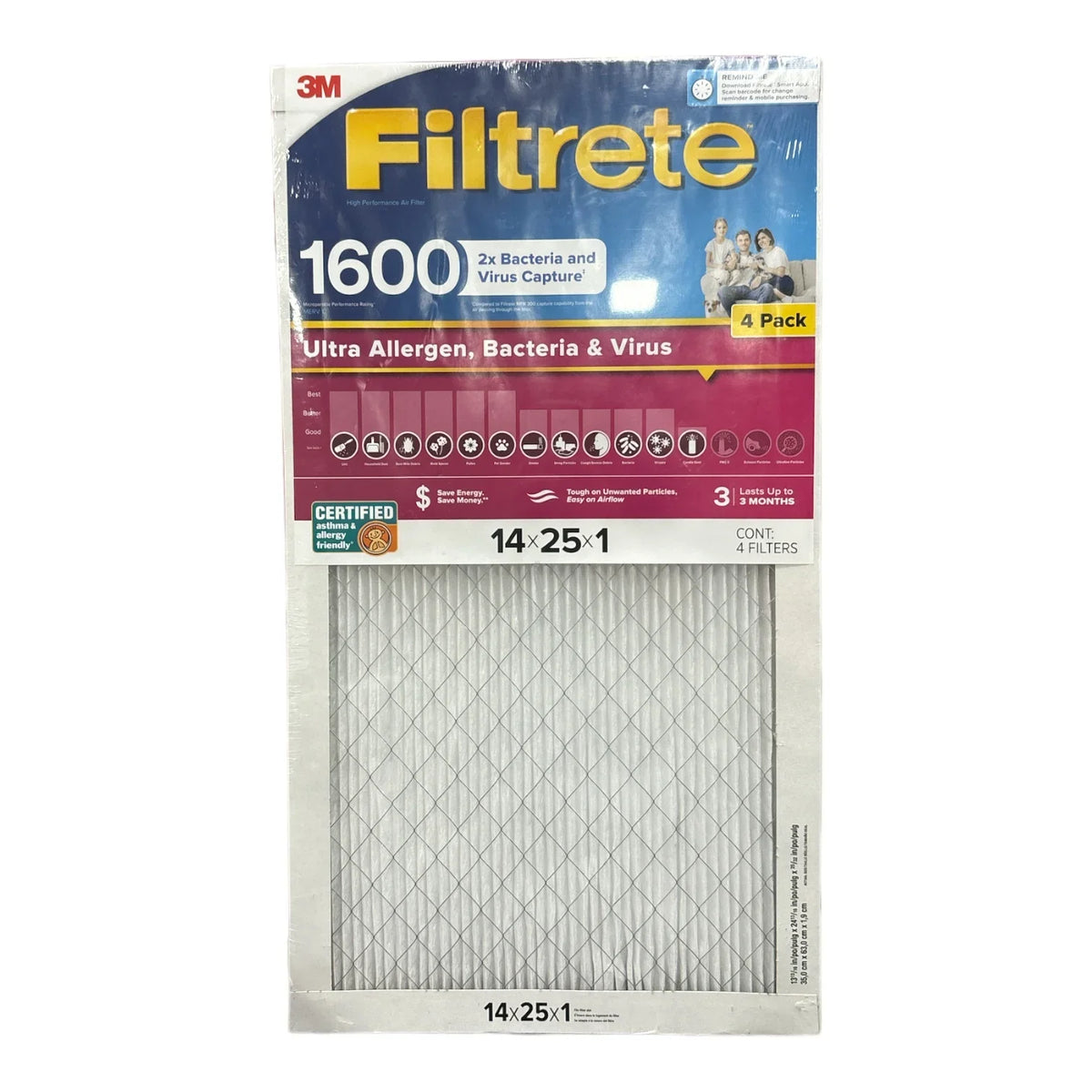 14x25x1 Bacteria (4 2X Filter Ultra MPR), Allergen Pack) & Filtrete Virus (1600