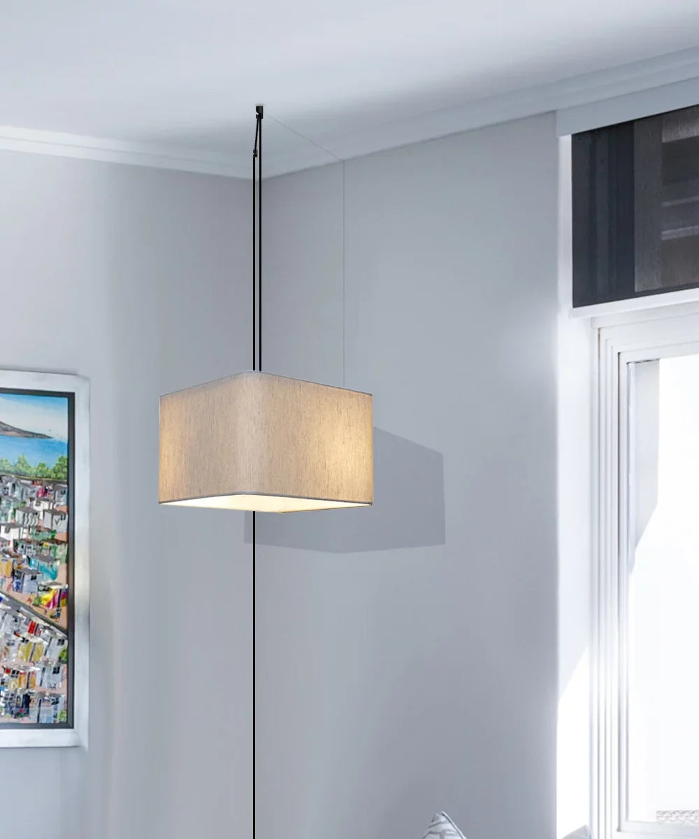 Pendant Drum 1 Square Plug-In Swag 14"w Shade, Oatmeal Cord Rounded Black Corner Light