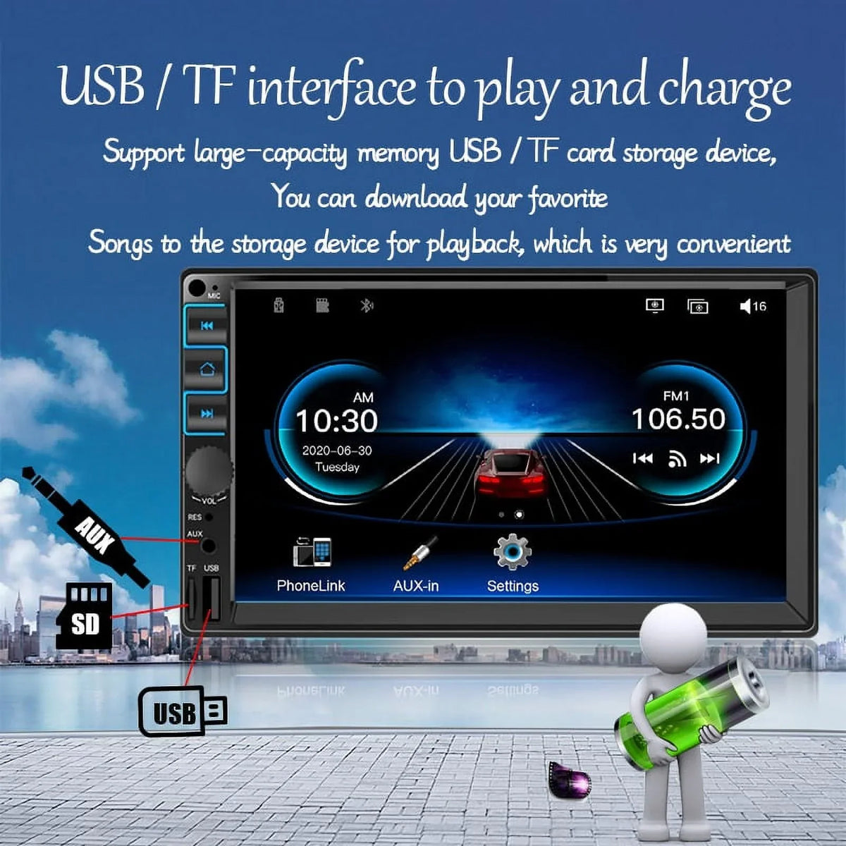 Stereo Link, Touch Car Radio Screen Microphone, , 2 Android Support Display, Bluetooth, Mirror 7'' GPS, Auto Receiver Carplay Din