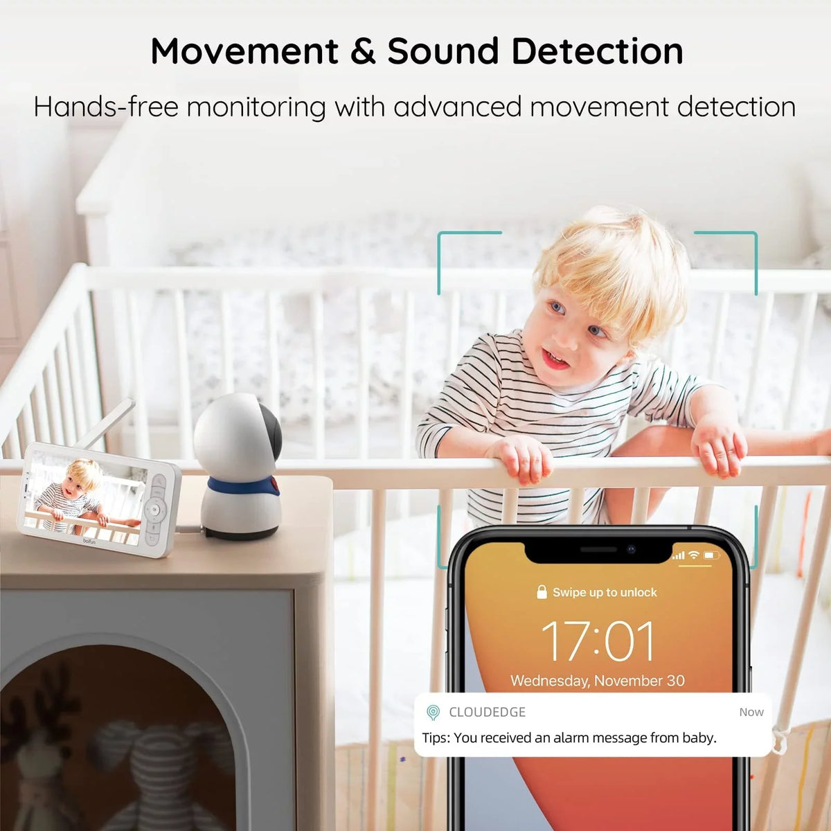 Detection 300M Monitor Night Video BOIFUN Vision, Monitor Remote & APP, Auto Motion Audio Smart Pan-Tilt-Zoom, Camera with Baby Baby with 5'' and Range, Long Track, 1080P, Two-way