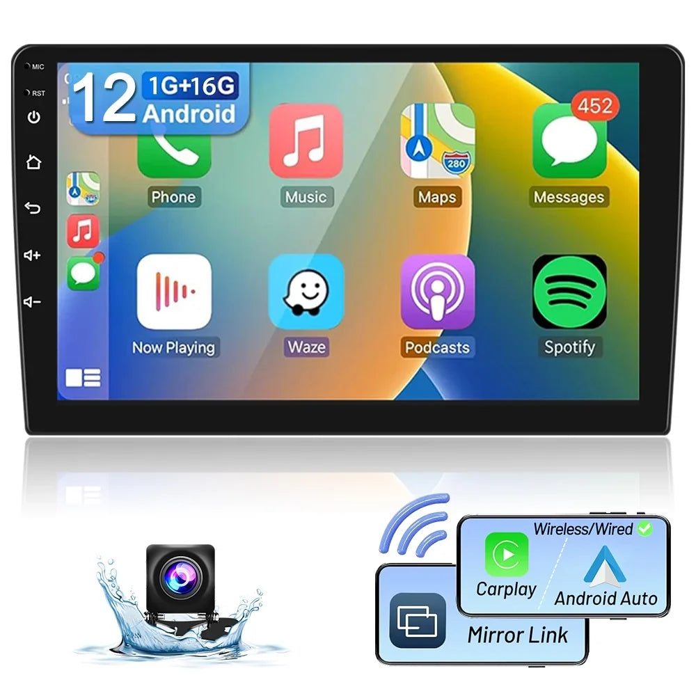 AHD FM Radio Backup HD Link 1080P 9'' 1+16G Bluetooth, Android 12 GPS Podofo WIFI Mirror Android Car Touchscreen Wireless DIN Carplay Camera Double Auto Stereo