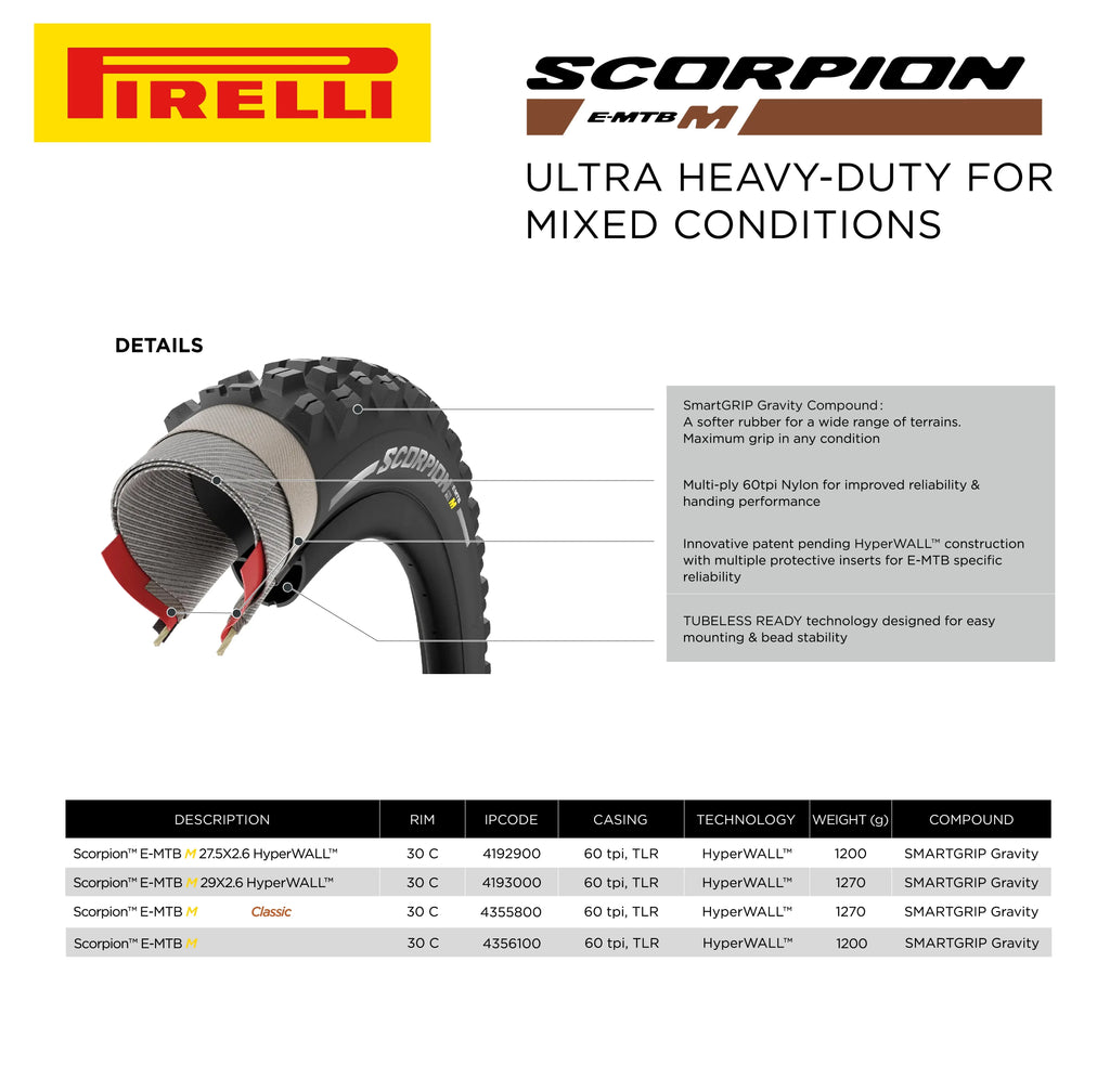Bike MTB, Trail Tire, E-Mountain + SmarTUBE Scorpion for E-MTB Pirelli Bicycle 27.5 Tubeless Clincher Tire and Enduro Versatile E-Bike Terrain, Mountain 23/32-622 TLR x Mixed 2.6 Use, M Ready