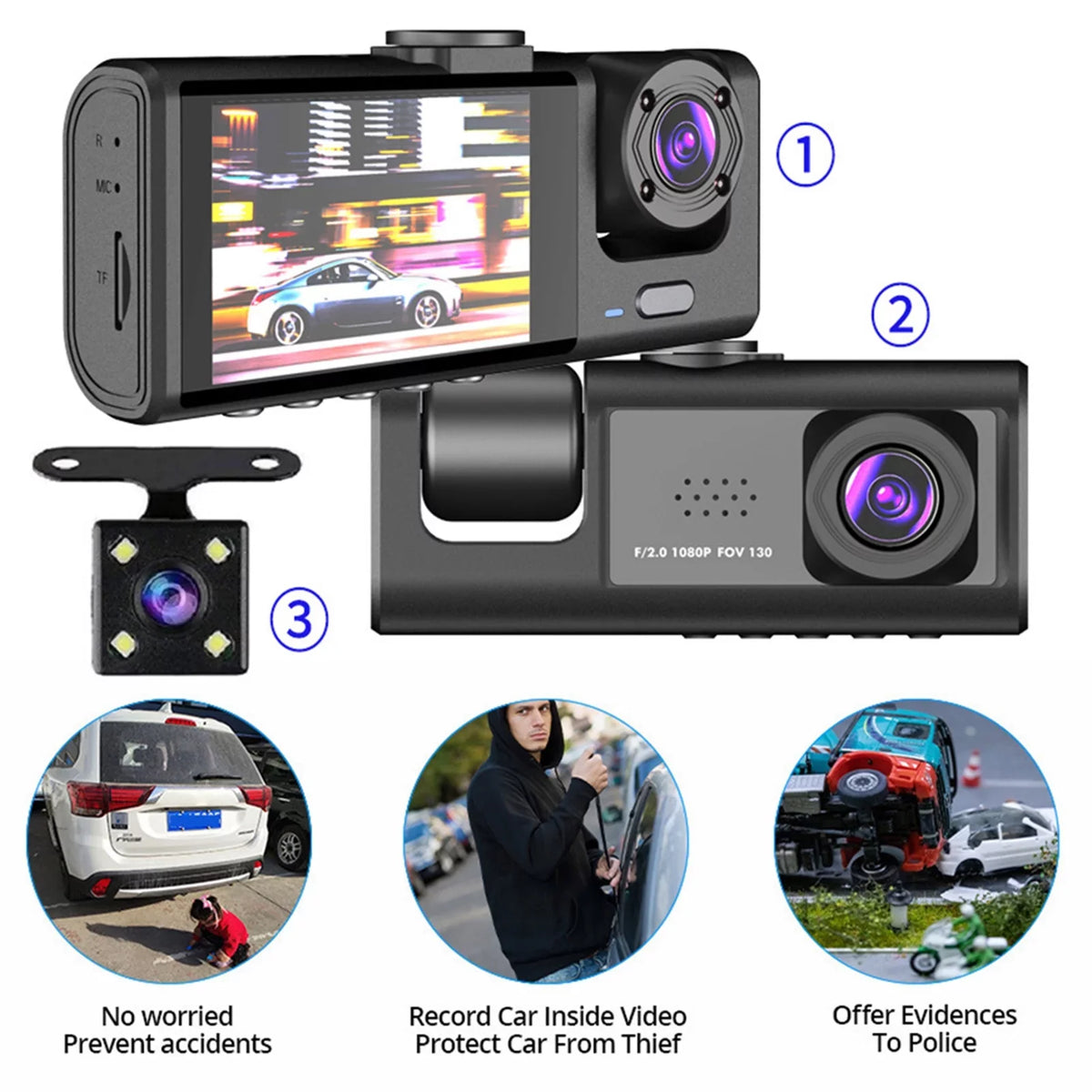 Cam Cameras Dash Inside Front Andoer Night Driving Recording Rear Safety Car Recorder Recorder Car Mirror Rearview 1080P+720P+480p and Auto Camera Vision Video Camcorder 3 Car