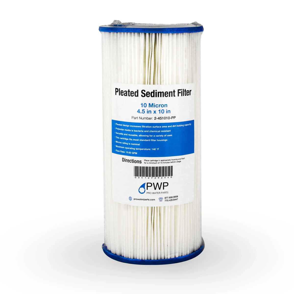 10 20 Pack Washable Water Filter Polypropylene Pleated Cartridge Micron 4.5x10"