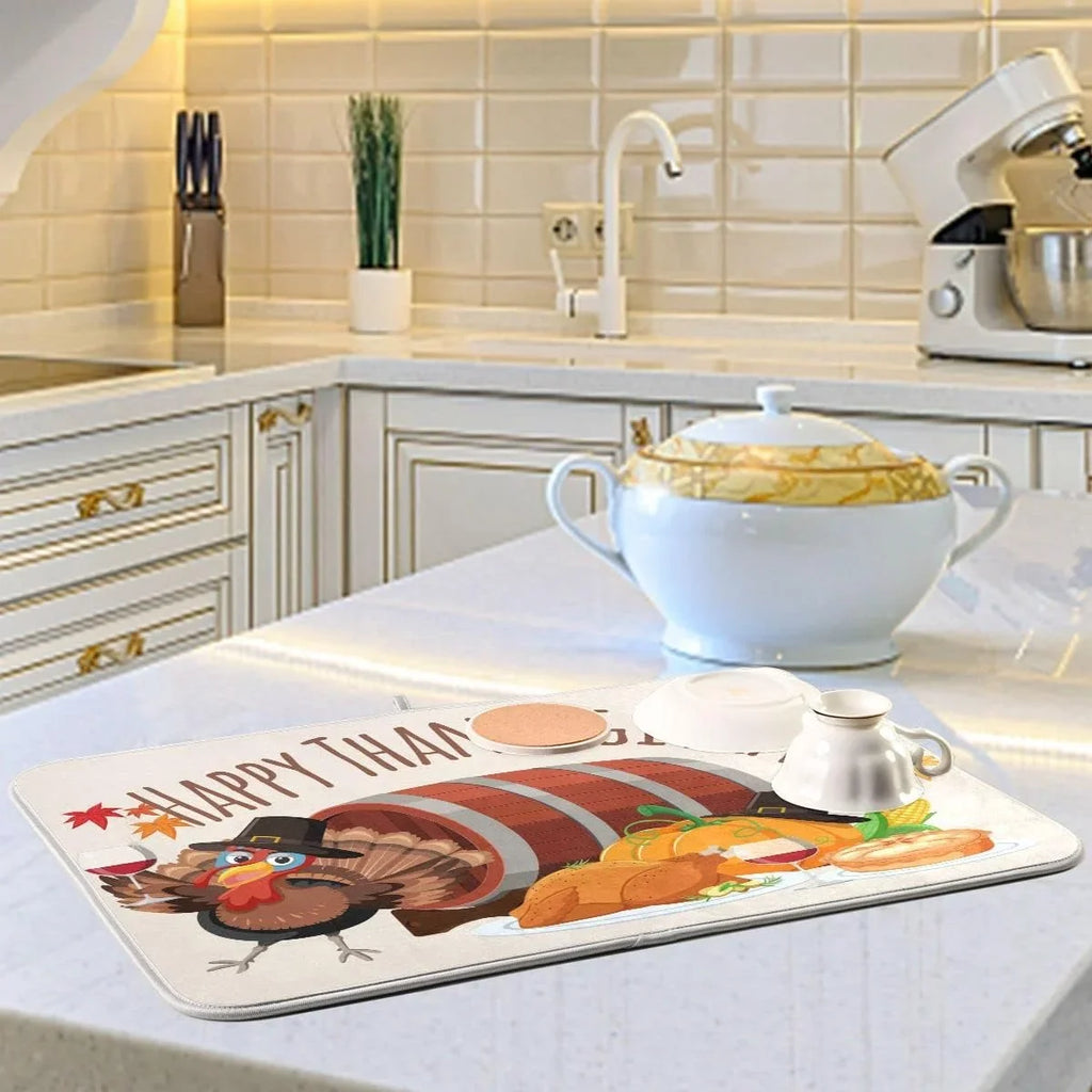 Dry Kitchen Autumn Turkey Dish Thankgiving Harvest Wellsay Fall Accessories Dish Drainer Dishes 16x18inch Mat Rack Fast Counter Happy Pad Drying for Mats Absorbent