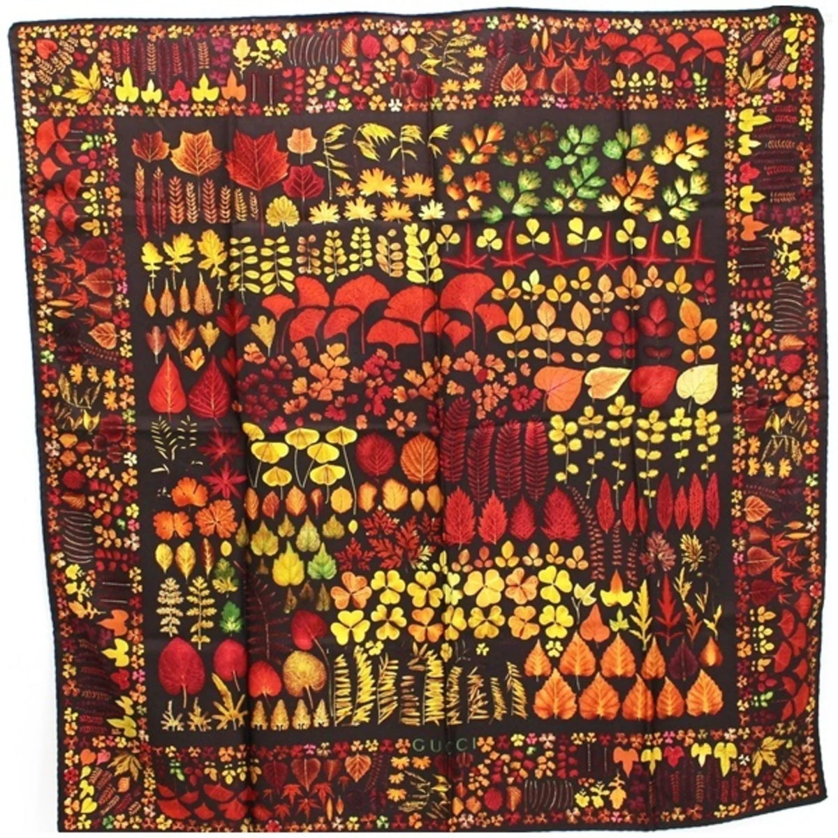 | (Good) Stole Silk Scarf Brown Leaf Muffler Autumn Pattern Ladies Pre-Owned