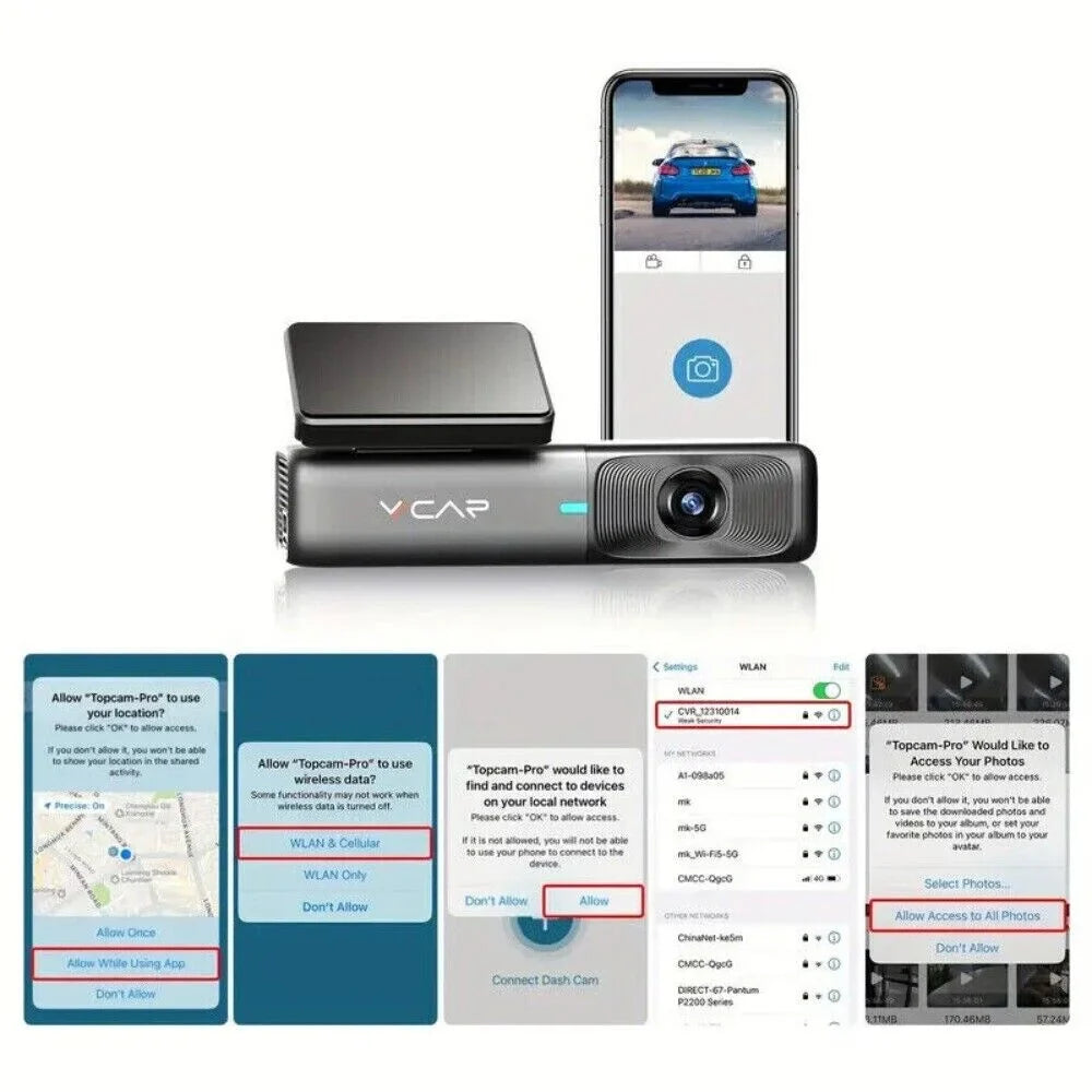 Support WiFi VVCAR Night 32G G-Sensor, Max, Loop Free Dash 128GB Vision, Cars Recording, 2.5K Camera Dash 1440P for Car Cam Card,