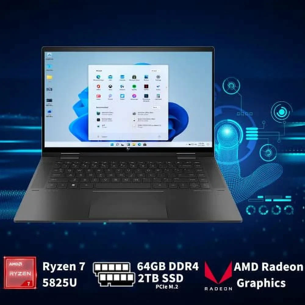 Radeon Touchscreen Vision SSD, USB PCIe Win RAM, 5MP Backlit IR 15.6" 32GB Keyboard, True 64GB AMD 5825U, Card 11, Envy Graphics, 2TB AMD Laptop, x360 HP Ryzen Black, 2022 2-in-1 7 Camera,