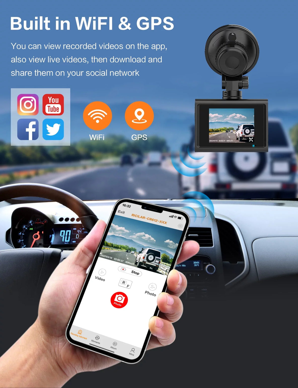 24 Wifi, Wdr, Hd Gps, 2K Ricilar Camera Built 4K Hd Sensor, Wide in Gravity 2" with Ips Rear Screen, Parking Hour Full Front 140° 170° and Night Angle Dash Mode Car Vision, Camera, Ultra