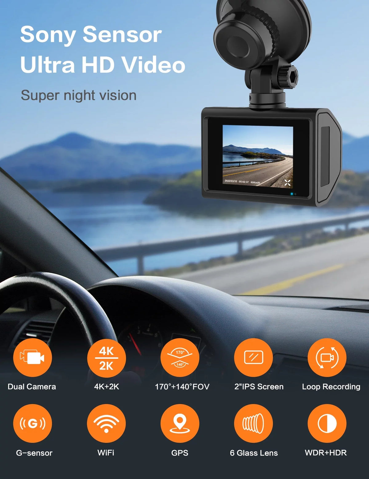 24 Wifi, Wdr, Hd Gps, 2K Ricilar Camera Built 4K Hd Sensor, Wide in Gravity 2" with Ips Rear Screen, Parking Hour Full Front 140° 170° and Night Angle Dash Mode Car Vision, Camera, Ultra