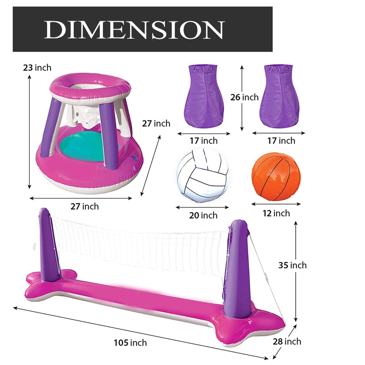 Basketball & Set Float Pool Net Volleyball Inflatable Hoops Pink