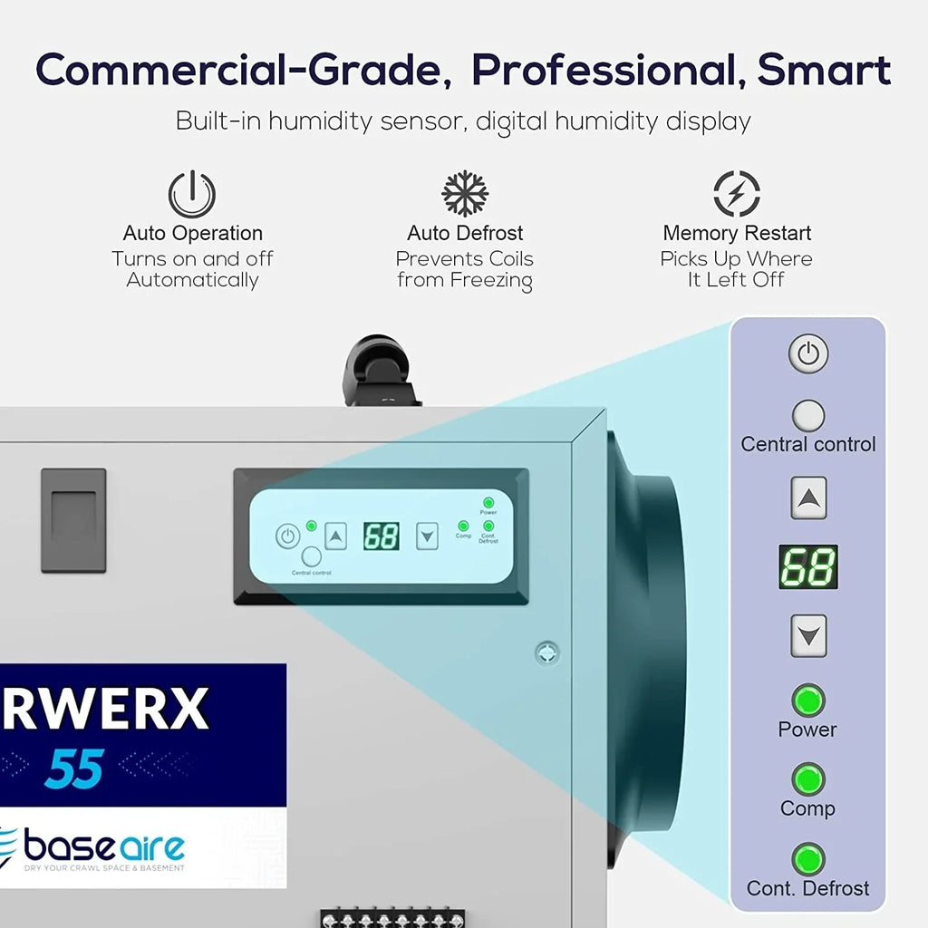 Spaces, with Pint Air BaseAire Refine 113 Defrost, Drain Commercial Memory Dehumidifier Crawl Treatment Starting Hose Auto Basements, for