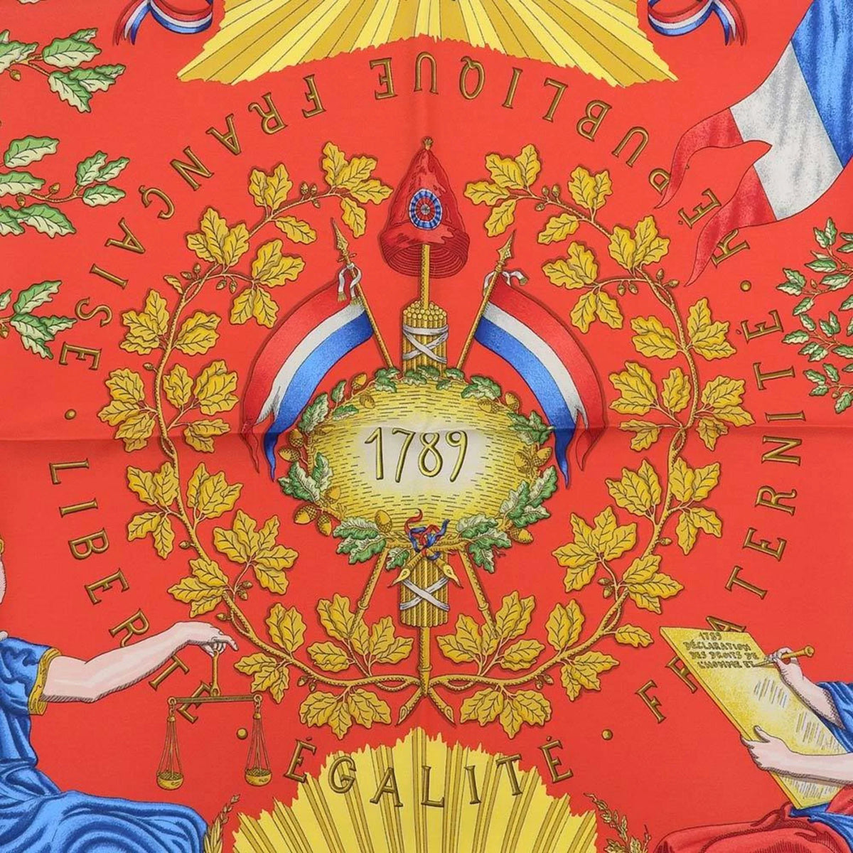 90 Commemorating the Revolution Hermes Blue Pre-Owned Red New) Scarf Pattern Carre (Like French Silk