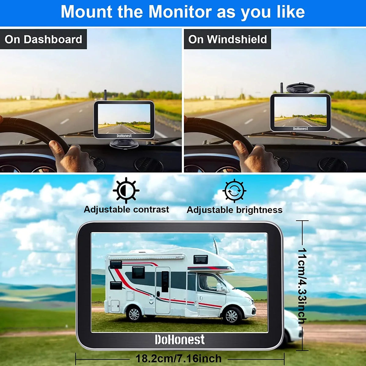 Play DoHonest Install V Backup for Channel Night Stable Wireless 7-Inch: Car Auto-Switching Bluetooth Monitor Easy Camper and vision Reverse Cam Truck Pickup Van Camera HD 2 Plug Kit Signal to 1080P