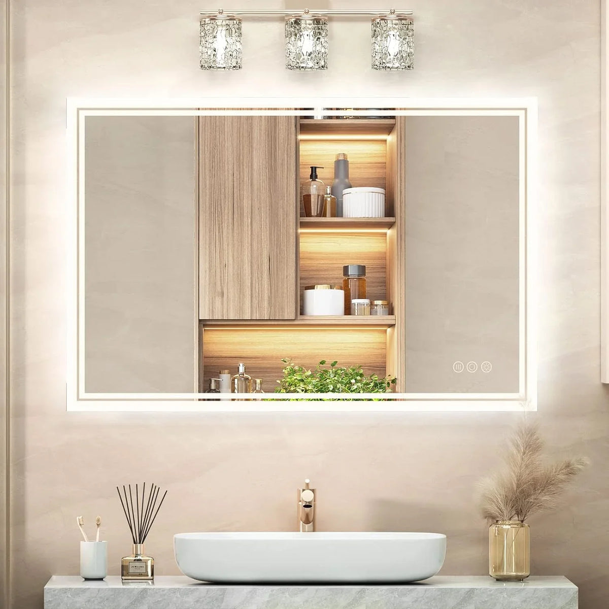 Wall-Mounted ANTEN Mirror, Lights, Bathroom Inch LED Mirror Vanity Lighted Touch Bathroom Mirror LED Anti-Fog, Dimmable Bathroom Mirror, Backlit with 36x28 3000K-6000K, Sensor,